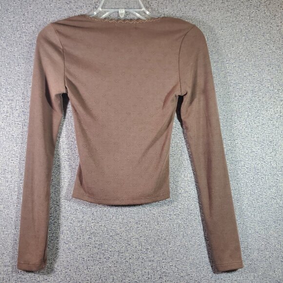 Brown Pointelle Heart Pattern Lace Trim Long Sleeve Crop Top XS - Picture 2 of 3